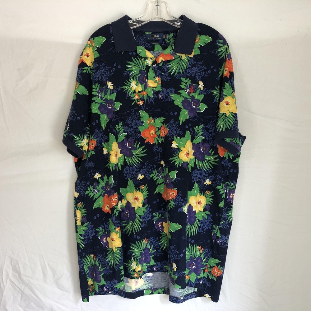 Polo Ralph Lauren Polo Shirt Mens 2XL Blue Floral Hawaiian Classic Fit Cotton